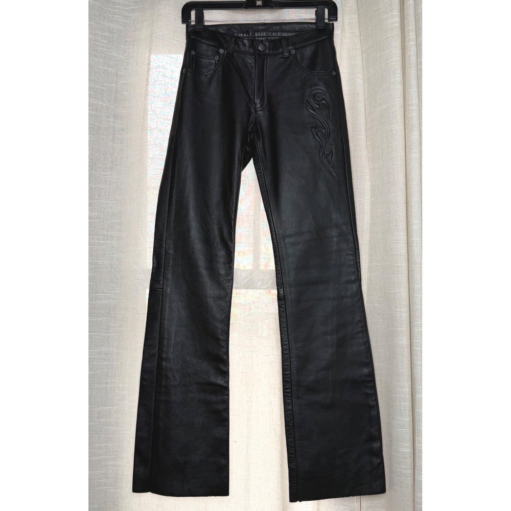 Indian Motorcycle Pebbled Leather Pants‎ Black Embossed Flame Women's SMALL 26"